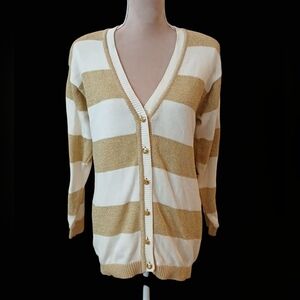 Vtg Knights Ltd Gold Buttons Cream Striped Chunky Heavyweight Cardigan Medium